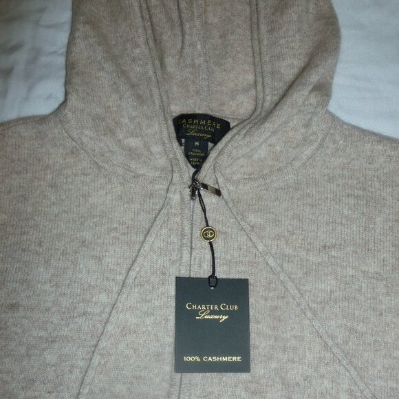 Charter Club Cashmere Long Sleeve Zip Up Hoodie Zipper M Pearl Taupe Cream NWT - Picture 3 of 15